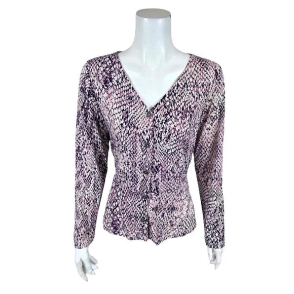 Susan Graver Women Printed Liquid Knit Button Front Peplum Top Plum 3X Plus Size - Picture 1 of 12